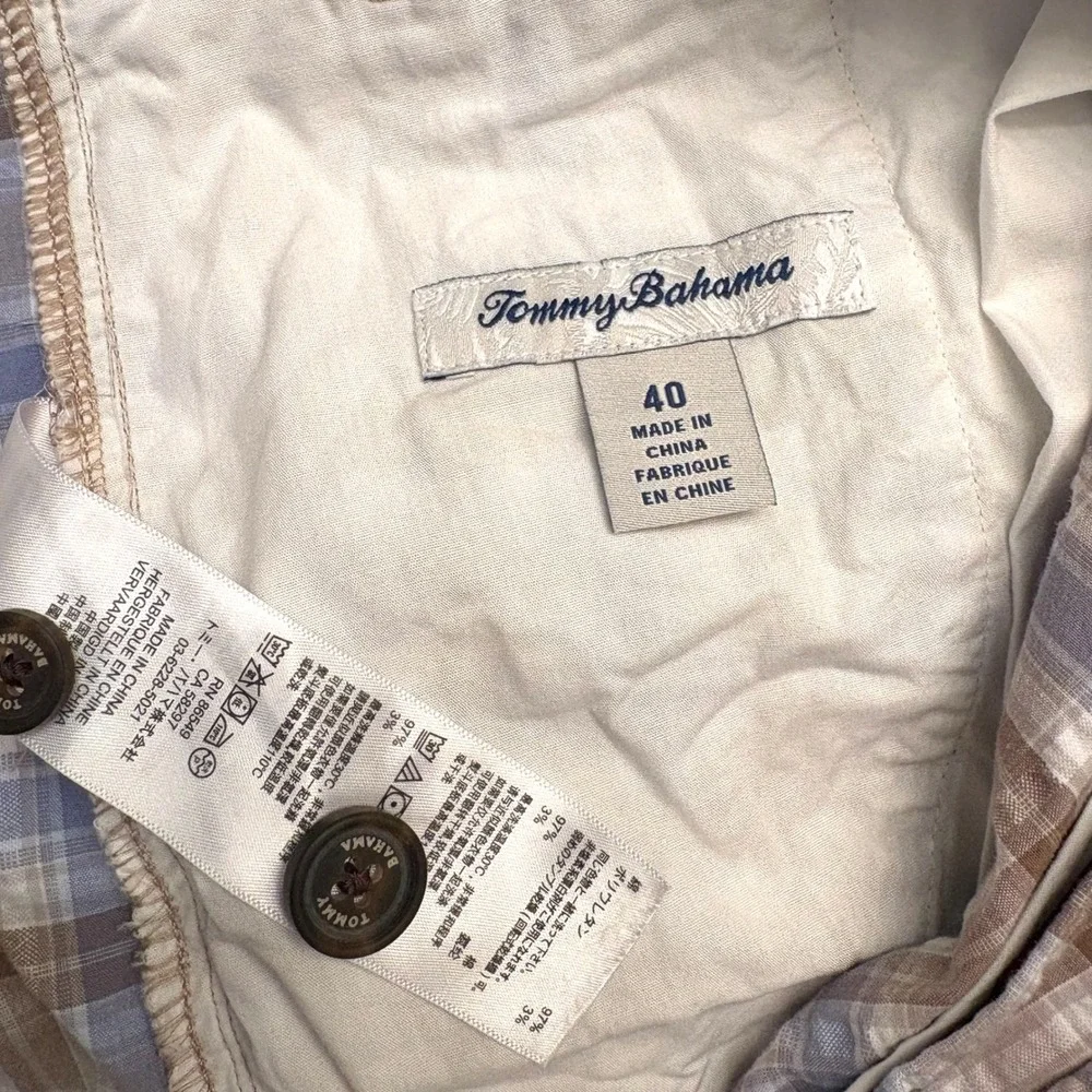 Tommy Bahama Mens 40 Plaid Shorts Brown Blue Seersucker Stretch Flat Front‎